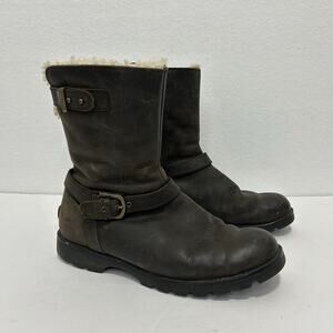 UGG Womens Brown Leather sheepskin Boots Moto Buckles 1003579 Size 7 EU 38